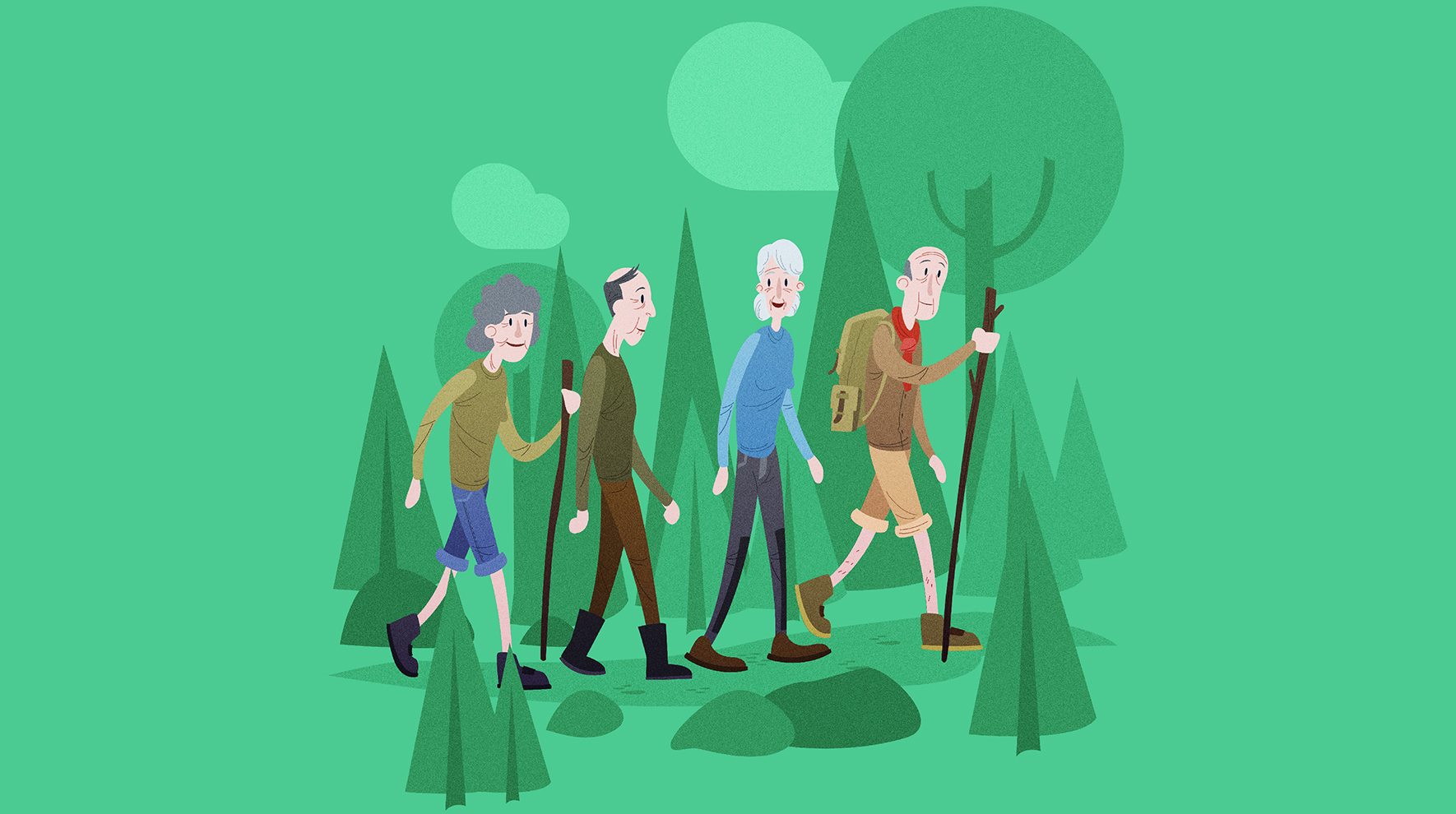 Fire eldre mennesker går tur i skogen. Illustrasjon.