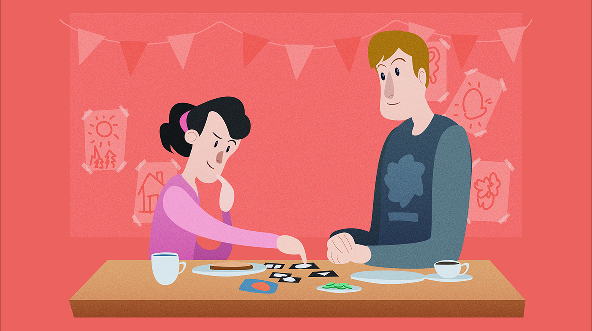 Dame og mann spiller brettspill, spiser mat og drikker kaffe. Illustrasjon.