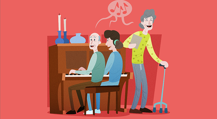 Tre mennesker synger og spiller piano. Illustrasjon.