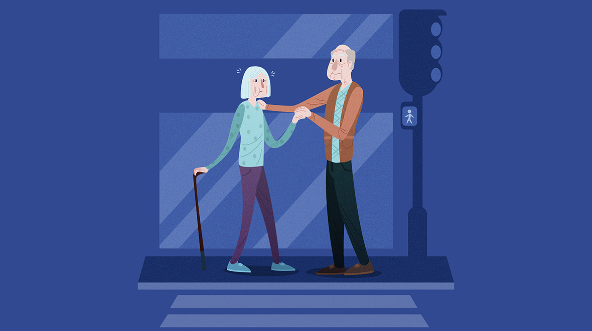 Et eldre par står ved siden av et trafikklys. Illustrasjon.