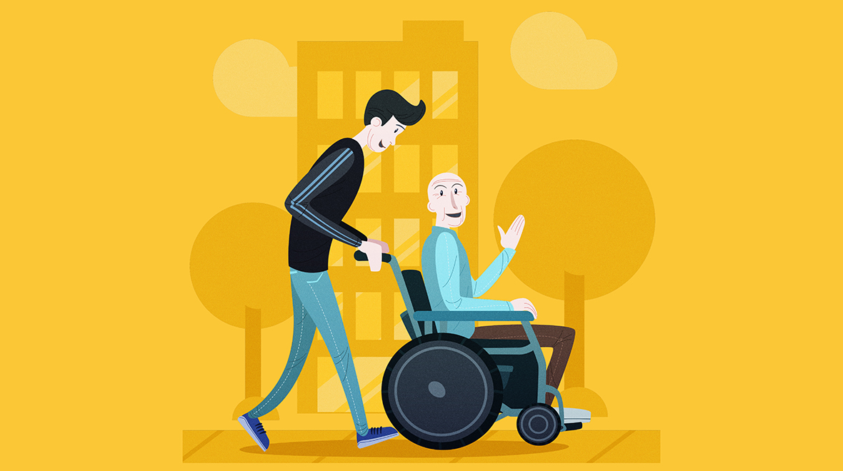Ung mann kjører eldre mann i rullestol i by. Illustrasjon.