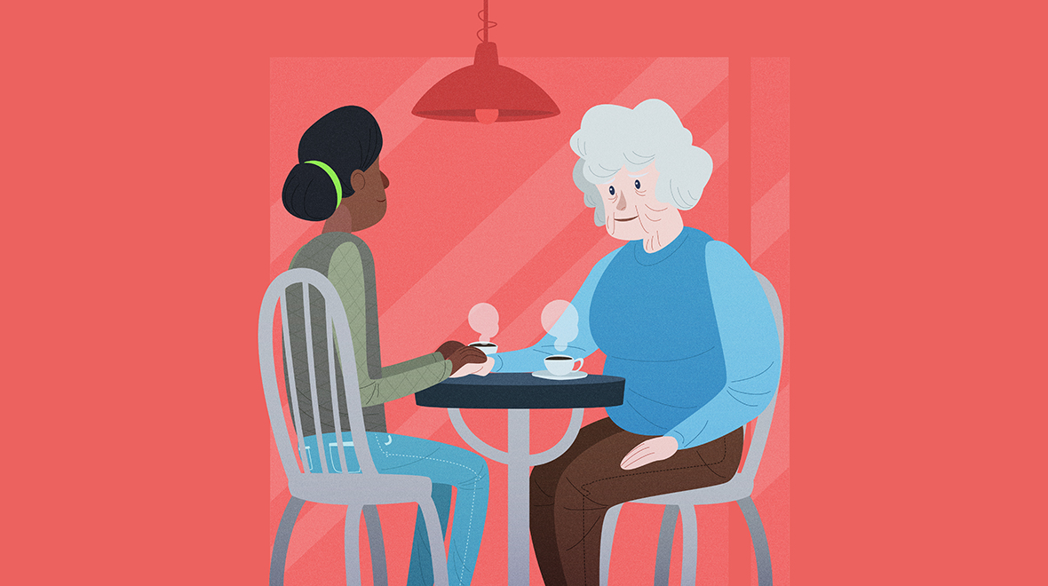 Ung dame og eldre dame drikker kaffe ved et lite bord. Illustrasjon.